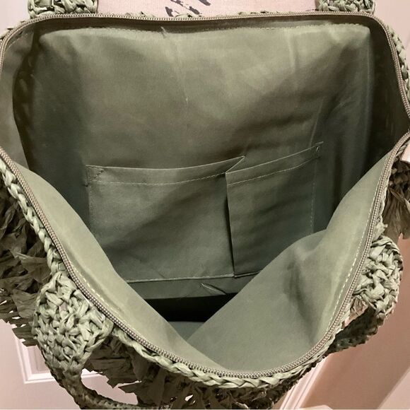 The Last Straw Fringe Straw Tote Bag. In Olive - Picture 3 of 7